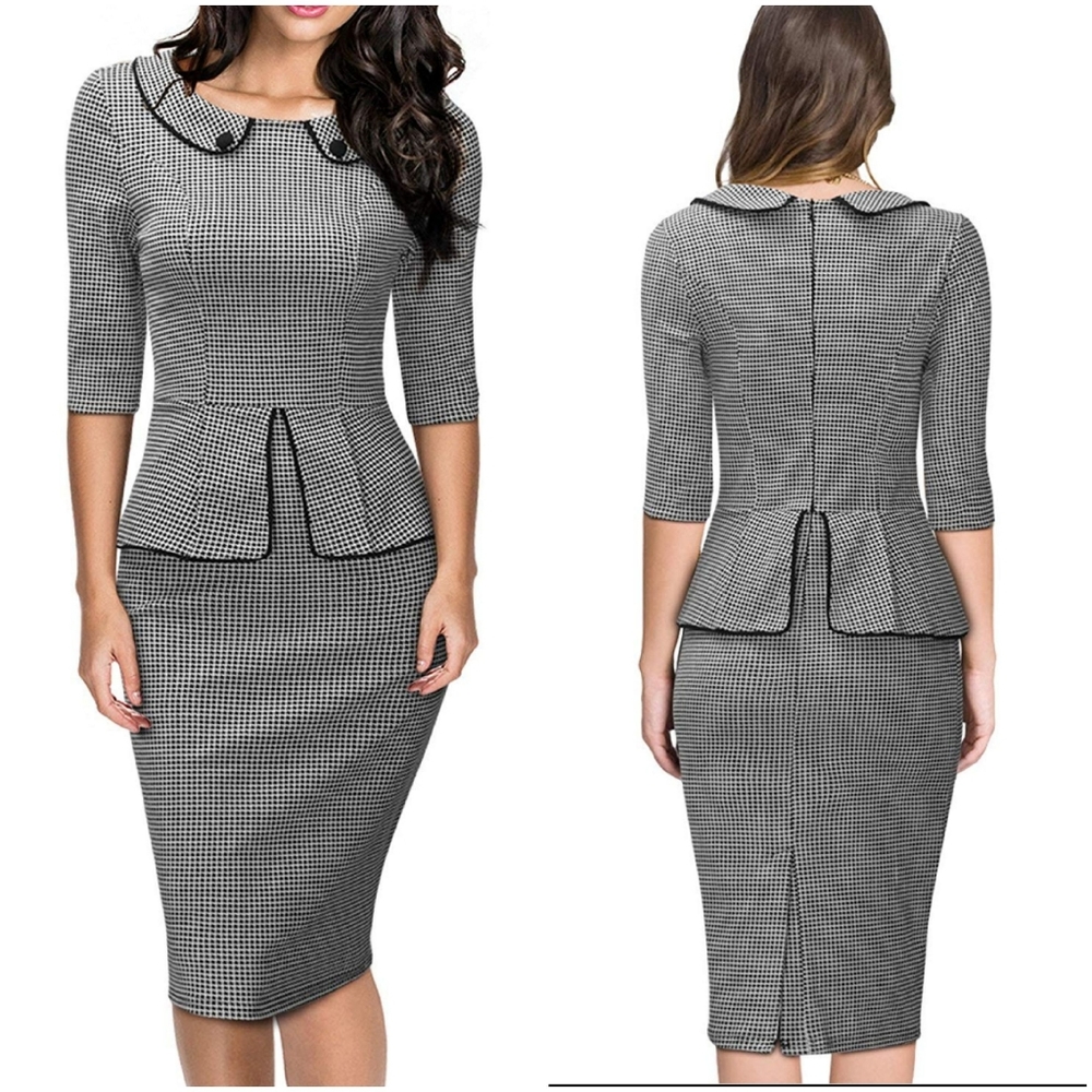 Retro Houndstooth Peplum Dress - Size L